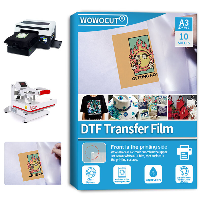 Wowocut 10 pces dtf filme de transferência térmica papel de transferência de calor a3 dupla face brilhante pretreat dtf filme para dtf epson impressão a jato de tinta