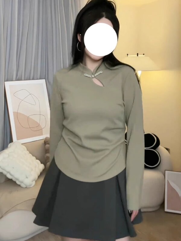 Nieuwe Chinese Fashion Knoop Top Voor Dames Lente 2024 Effen Kleur Afslanken Onderlaag Lange Mouwen Shirt Vrouwelijke Kleding