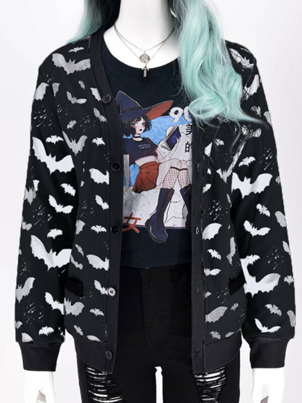 Yangelo Gothic Black Bat Print giacca da donna autunno 2022 allentato Casual Zip-Up Top Y2K Party Fashion Top