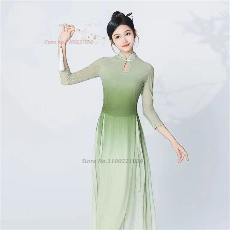 2024 gaun Rakyat vintage Cina atasan qipao warna gradien + Celana set gaun panggung festival pakaian tari rakyat kinerja oriental