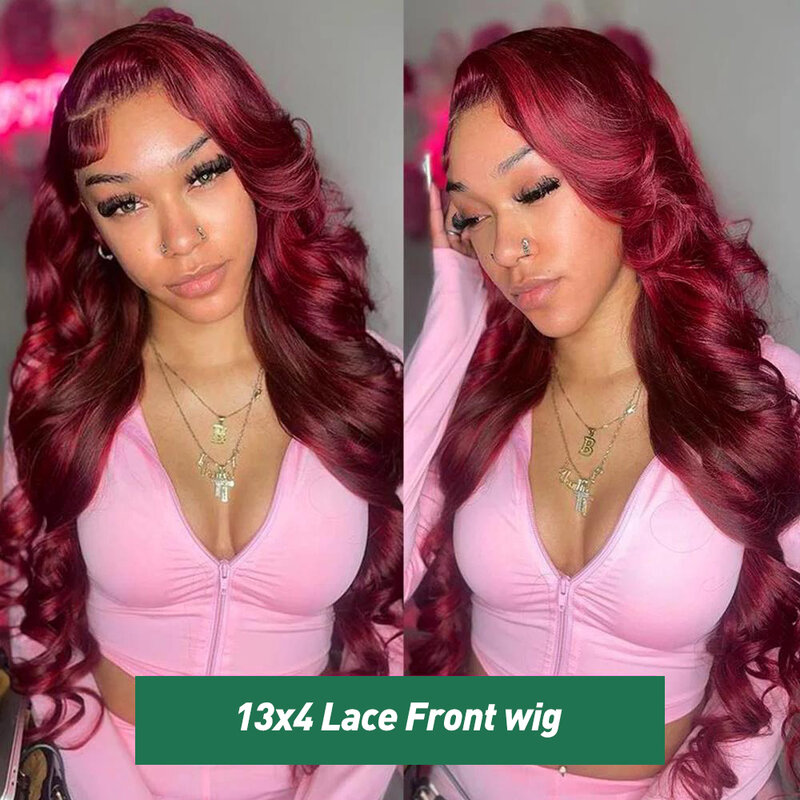 Perruque Lace Front Wig Body Wave Naturelle, Cheveux Humains, Couleur Rouge Bordeaux 99J, Pre-Plucked, pour Femme