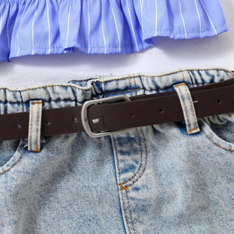 Zestaw spodenek dla dziewczynek w wieku 4–7 lat, plisowana koszulka w paski i spodenki jeansowe z paskiem Letnie stroje codzienne