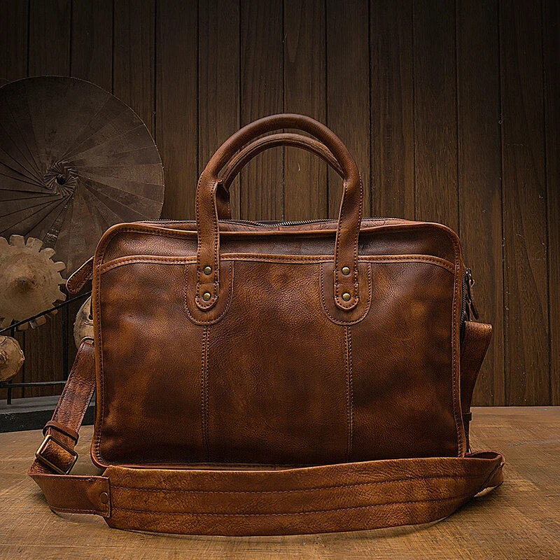 100% Genuine Crazy Horse Leather Briefcase Business Bag Large Capacity Travel Top Layer Cowhide Laptop Shoulder