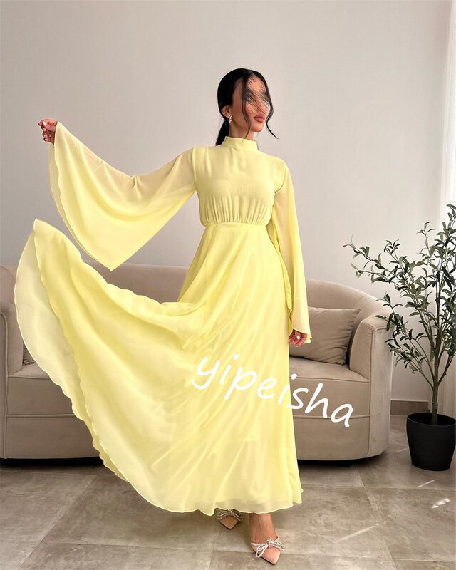 فستان سهرة شيفون بكشكشة ، فستان كرة ، المملكة العربية السعودية ، شاطئ على شكل خط ، ياقة عالية ، مناسبة مخصصة ، فساتين متوسطة الطول