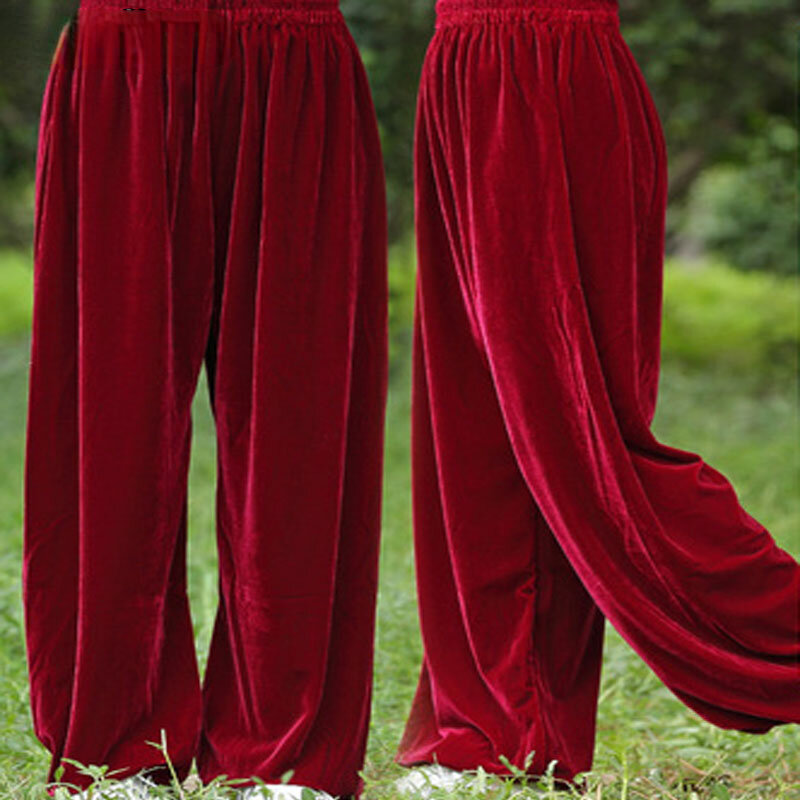 Calça curta de veludo para kung fu tai chi, uniforme chinês tradicional de artes, calças com laços