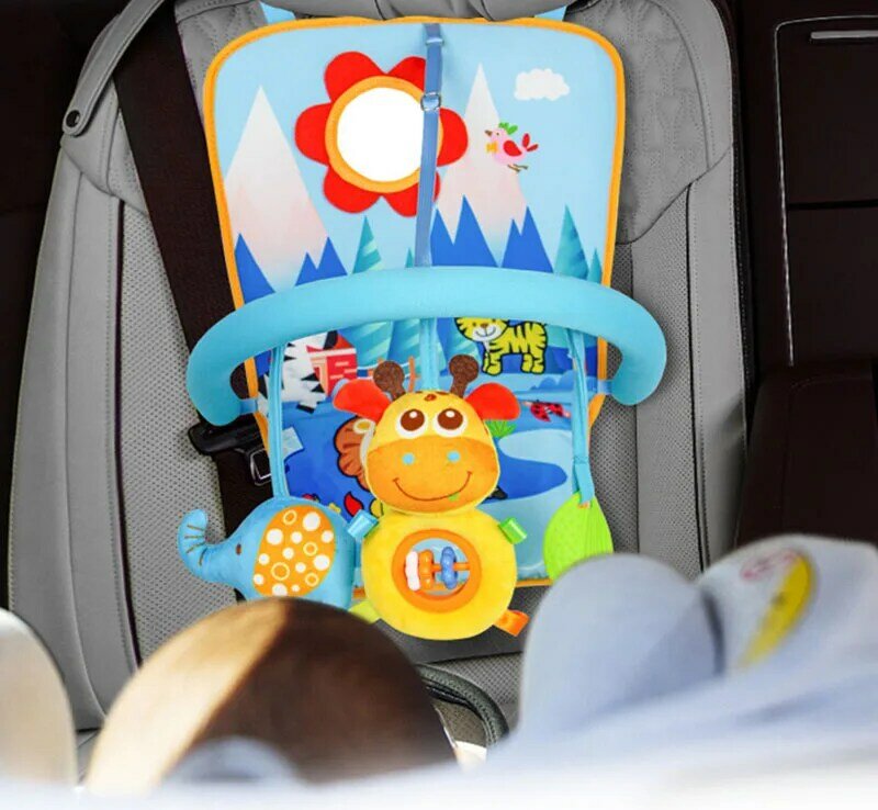 Assento de carro traseiro infantil pendurado brinquedo, arco atividade com música espelho, chocalho brinquedos para o bebê, Play Center