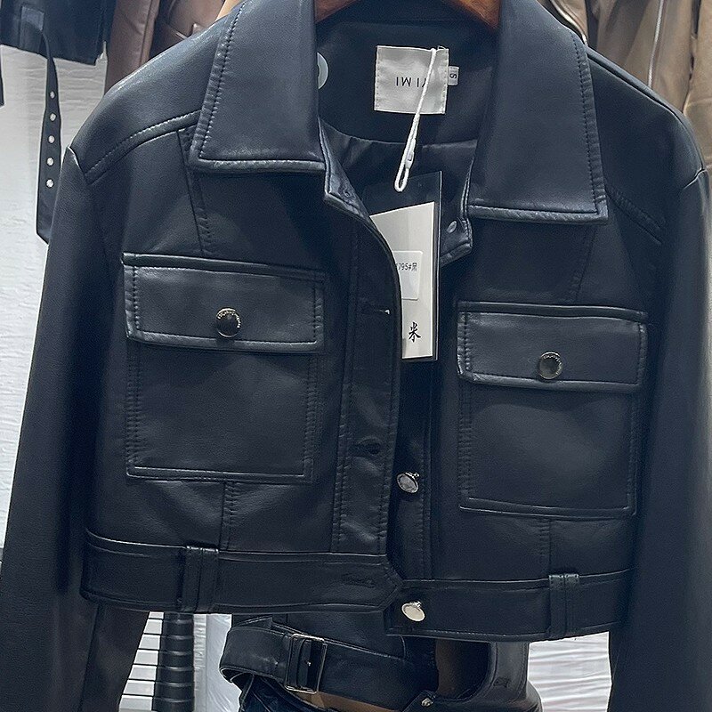 APIPEE-abrigo negro de cuero PU con bolsillo para mujer, chaqueta de manga larga con solapa de un solo pecho, novedad de otoño, 2024