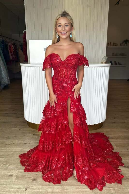 Off Shoulder Tulle Sweetheart Prom Dresses High Slit Tiered Mermaid Illusion Long Gowns A-line Backless Evening Party Dress