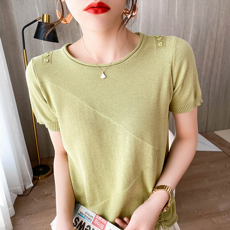 Camiseta de algodón de verano para mujer, de cuello redondo de manga corta Camiseta de punto, holgada, camiseta de manga media Simple con cordón, Top 2022