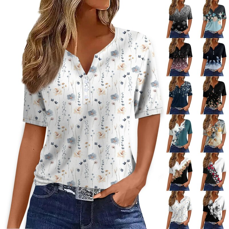 Women'S Fashionable Casual Retro Floral Print V-Neck Short Sleeved Decorative Button T-Shirt Top Print Button Short Sleeve Daily