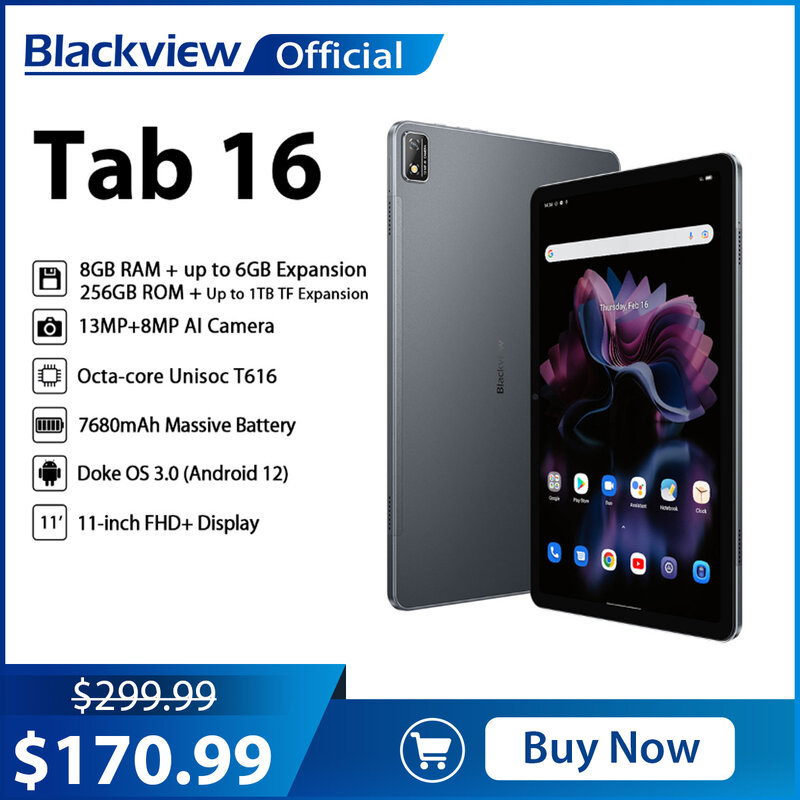 Blackview-Tablette Tab 16, 11 en effet, 2K FHD + Display Pad, Android 12, T616, Widevine L1, 8 Go, 256 Go, 7680mAh, appareil photo 13MP, touristes, 4G, PC