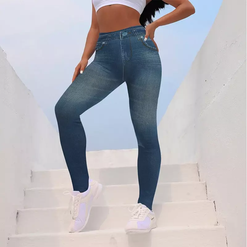 Kobiety Jeggings sztuczny Jeans Jeans legginsy wysokiej zwężone kontrola brzucha Slim legginsy ołówek z nadrukiem spodnie bezszwowe spodnie Skinny fit