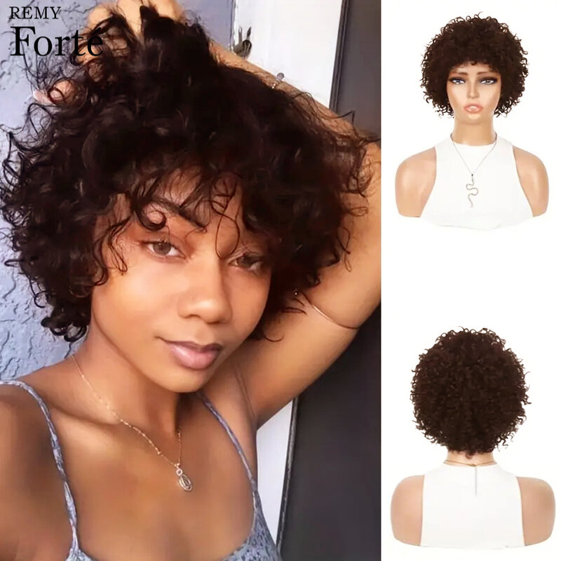 Pelucas de cabello humano Remy Forte para mujeres negras, pelo corto Afro rizado Bob, corte Pixie, hecho a máquina