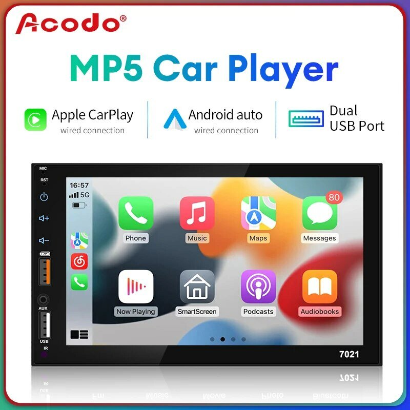 Acodo 듀얼 USB 안드로이드 카플레이, 자동 정전식 스크린, 풀 터치 HD 자동차 MP5 플레이어, USB 블루투스, TF 카드, 터치 스크린, 7 인치
