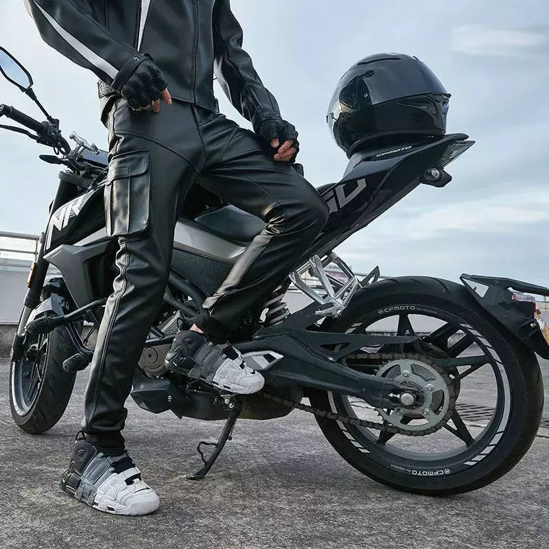Idopy Cool Motorcycle Faux Leather Pants Warm Autumn Winter PU Waterproof Windproof Biker Cargo Pants Trousers For Man