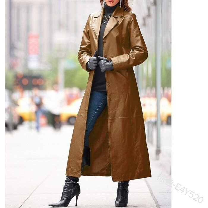 Casaco de couro PU de botão feminino, corte longo, slim fit, emagrecedor, casaco vento, roupas, outono, inverno, 2023