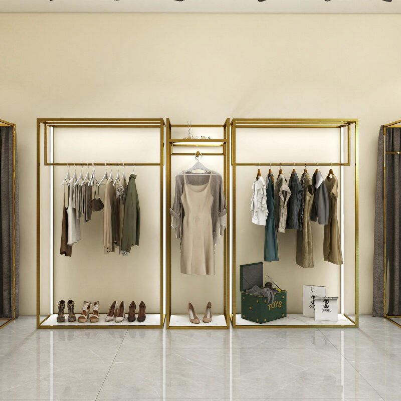 Niestandardowe, projektowanie wnętrz sklepu z odzieżą mebel wystawowy Led metalowe złote wieszak sklepowy na odzież ze światłem