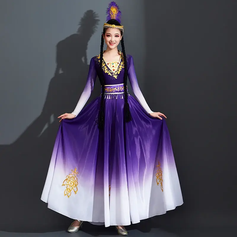 女性のためのXinjiangダンスの衣装、女性のためのパフォーマンスドレス、大人の開口部、大きなスイングスカート