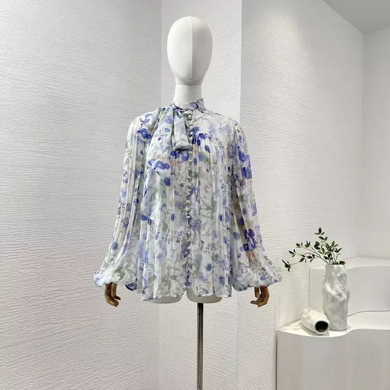 2024 White Blue Floral Print Lantern Sleeve Stand Collar Lace Up Bow Blouse Tops and Belt Pure Linen Shorts Sets for Women