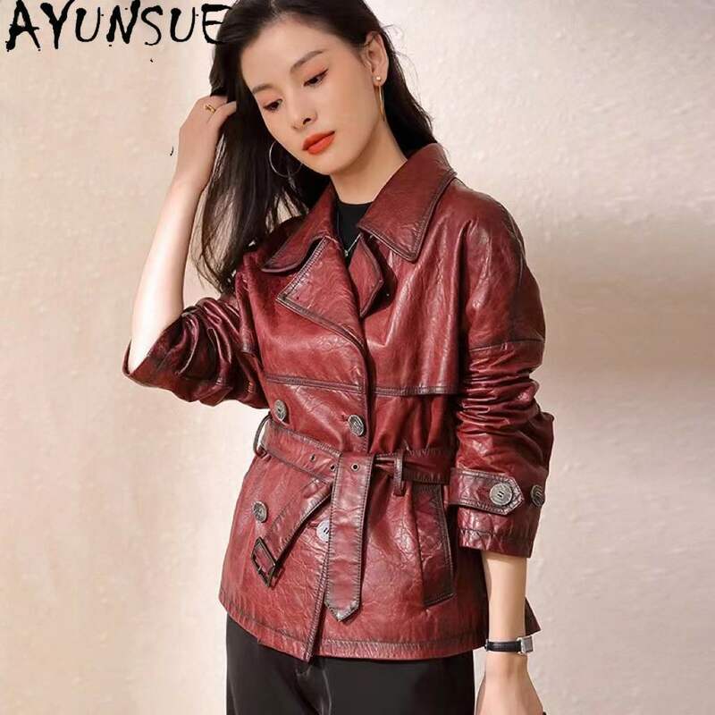 Ayunsu-سترة جلد طبيعي للنساء ، 100% معطف جلد الغنم الحقيقي ، مزدوجة الصدر ، ملابس خارجية أنيقة مع حزام ، عالية الجودة