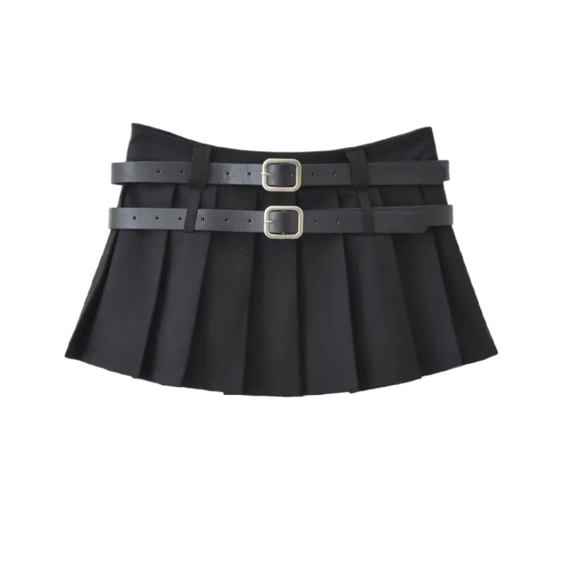 Y2K Mini Skirt Women Korean Fashion Pleated Skirt Summer Casual Vintage Preppy Style Solid Two Belts Short Skirts 2023