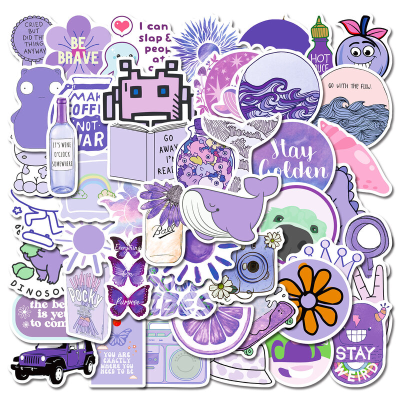 Autocollants graffiti de la série mondiale violet de dessin animé, adaptés aux casques d'ordinateur portable, décoration de bureau, autocollants de bricolage, jouets, 50 pièces