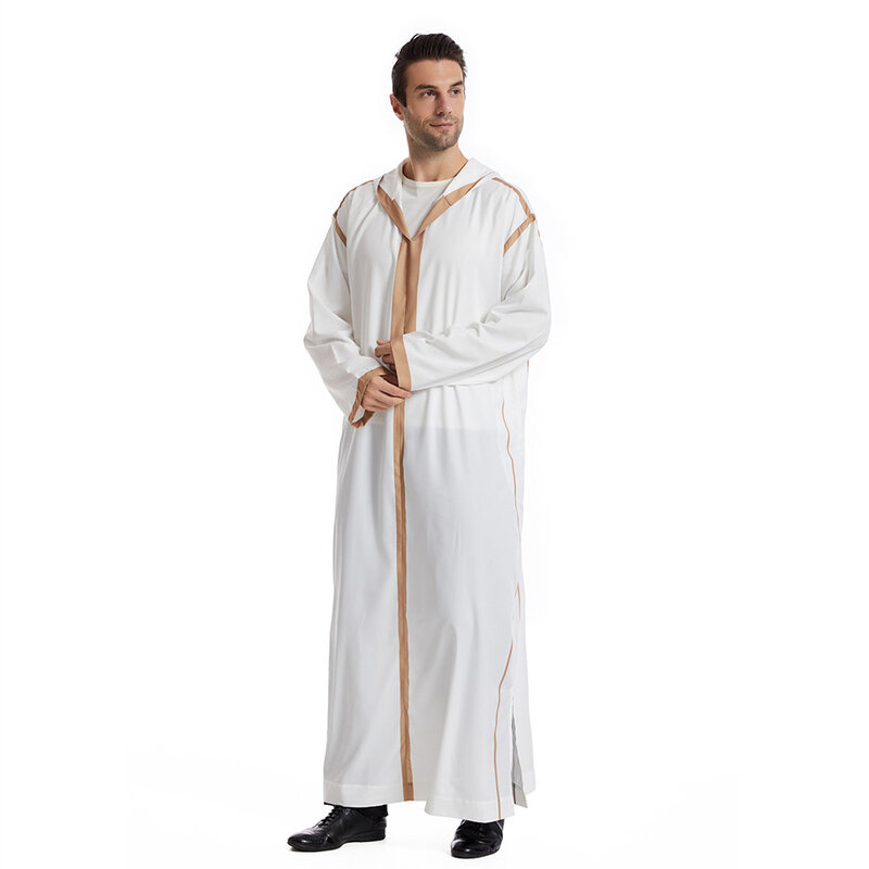 2024 Männer Muslim Thobe Nahost Jubba Thobe Langarm islamische Robe Männer muslimisches Kleid Saudi-Arabisch Kapuze Thobe Abaya männlich