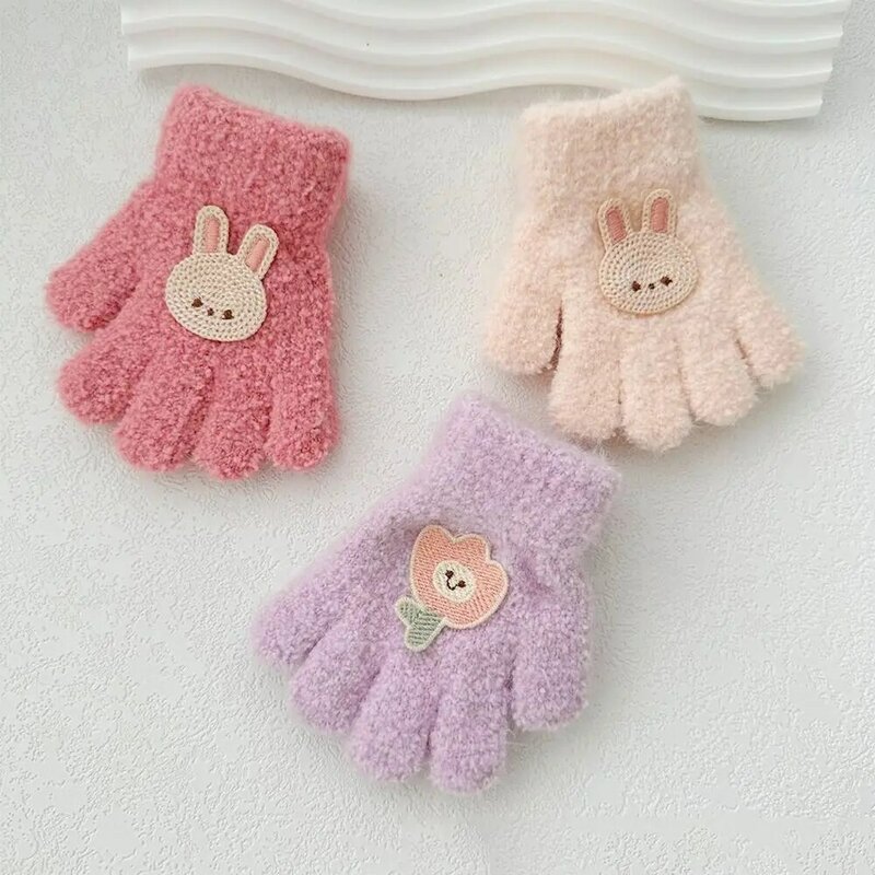 ถุงมือฟูสำหรับเด็กทารกลายกระต่ายถุงมือถักลายดอกไม้หนาสีทึบถุงมือรูปการ์ตูนเต็มนิ้วสำหรับเด็ก