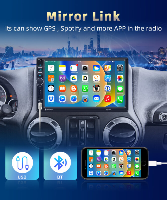 Podofo 차량용 라디오 멀티미디어 플레이어, 7 인치 HD 오토라디오, 자동차 오디오 스테레오, MP5 블루투스, USB, TF, FM 카메라, 2Din