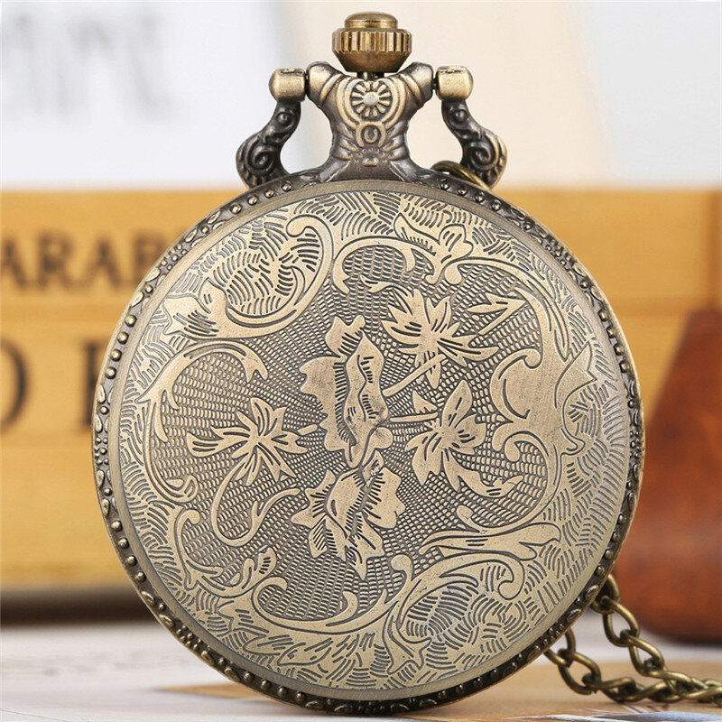Reloj de bolsillo Retro Para hombre y mujer, accesorio de bronce con diseño de coche tallado en 3D, movimiento de cuarzo, números arábigos con cadena Fob, regalo