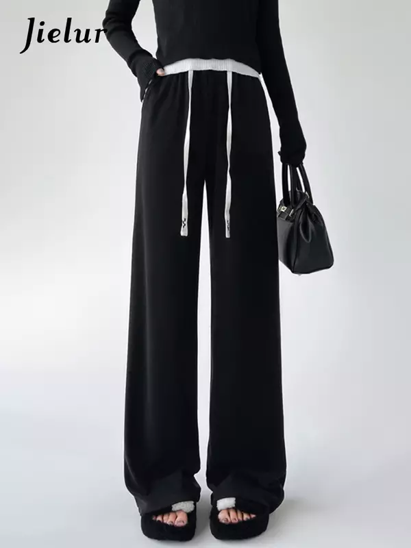 Jielur celana panjang untuk wanita, celana panjang longgar pinggang tinggi warna polos simpel modis kasual tali serut hitam kaki lebar untuk wanita