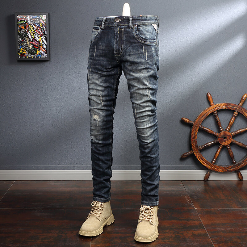 Pantalones vaqueros de estilo italiano para Hombre, Jeans rasgados, elásticos, ajustados, informales, de diseñador Vintage, Retro, negro y azul
