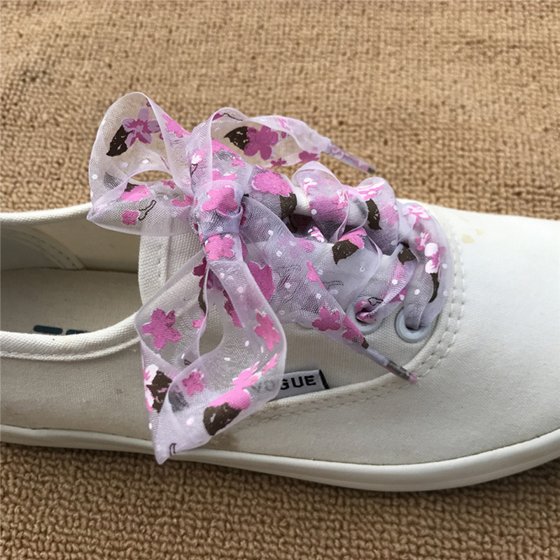 4 Pairs of 80cm Shoelaces Transparent Yarn Shoelace Flower Printed Widened Shoe Tie (Red Green Blue Purple)