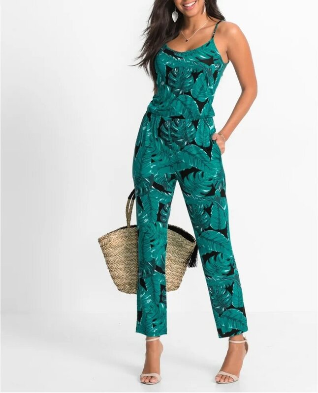 Women's Suspender Jumpsuit V-neck Sleeveless Backless Printed Bottomed Beach Casual Female Sling Jumpsuits