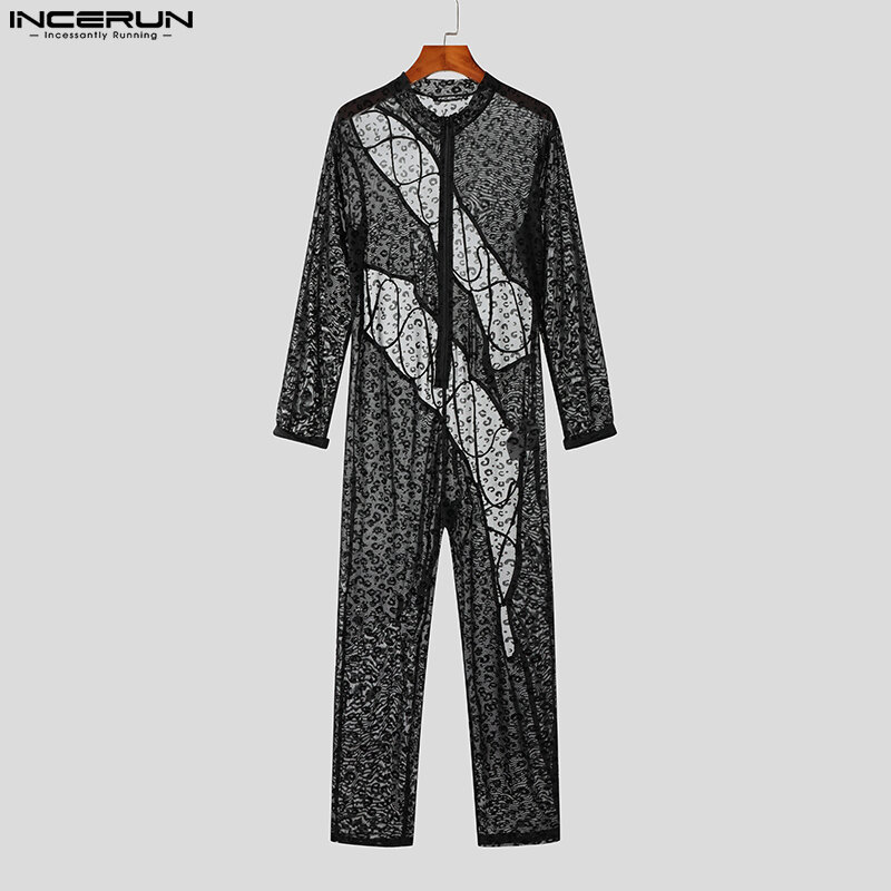 Incerun-Bodysuit de grão leopardo masculino, macacão oco, design cruzado, manga comprida, apertado, sexy, S-5XL, 2023