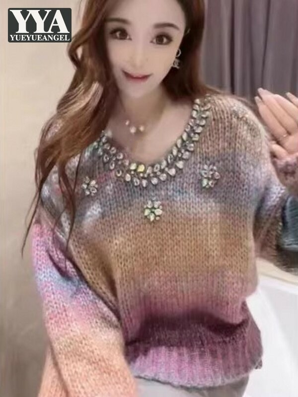 Moda damska luźny krój sweter z diamentami w kolorze gradientu z dekoltem w szpic dzianinowe swetry casualowe jesienne bluzki z dzianiny
