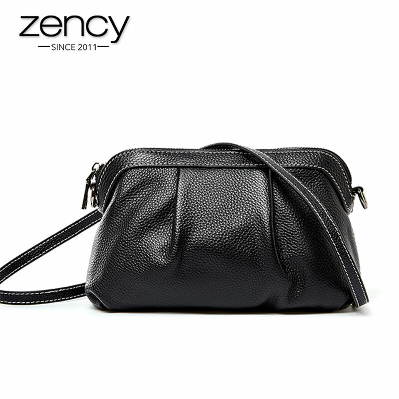 Zency New Model Women Messenger Bag 100% Genuine Leather High Quality Small Hobos Bags Daily Casual Lady Shoulder Bag Black Grey