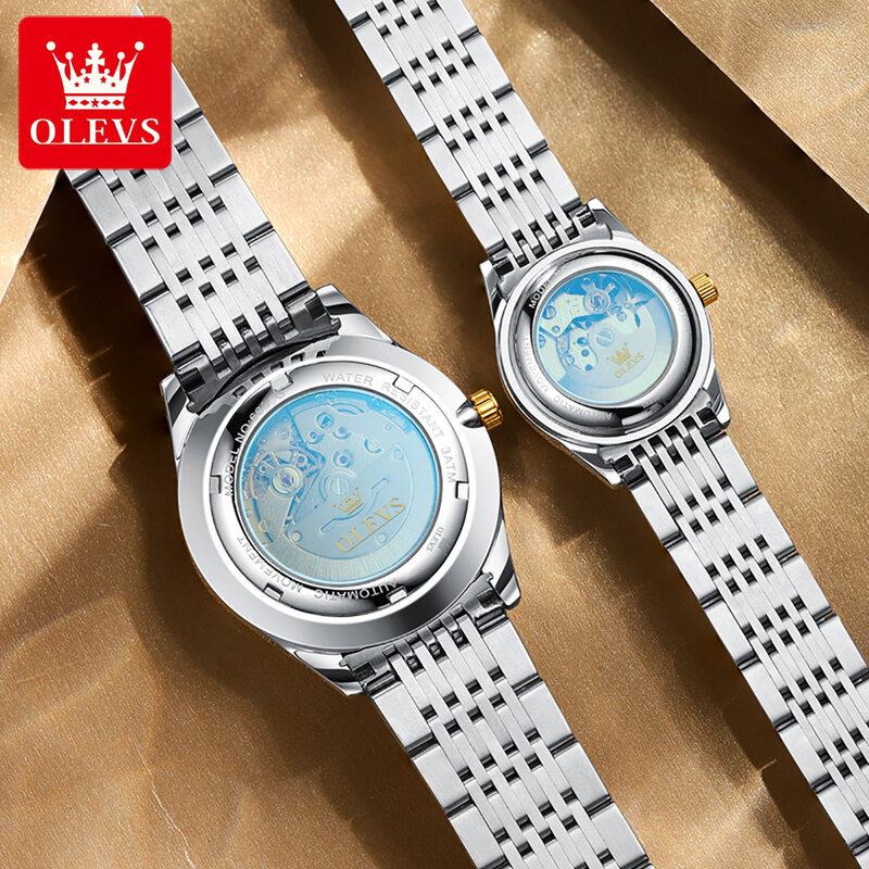 OLEVS New Luxury Couple Mechanical Watch Stainless Steel Strap Waterproof Week Calendar Luminous Fashion Casual Automatic Watch