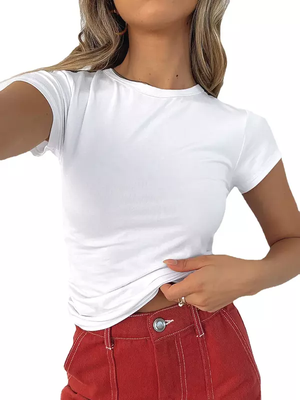 Pulôver feminino casual com gola redonda, camiseta fashion, blusa de algodão respirável e úmido, manga curta