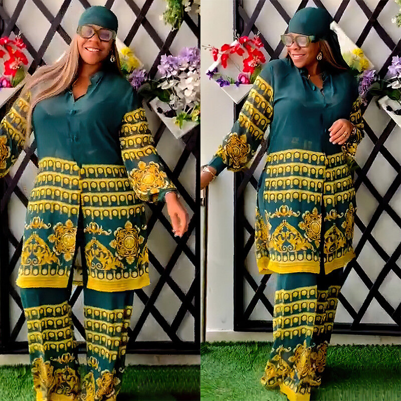 Chiffon Two Piece Women Set Dashiki African Clothes Summer Outfit See Through Printed Long Sleeve Shirt Top Wide-leg Pants Suit