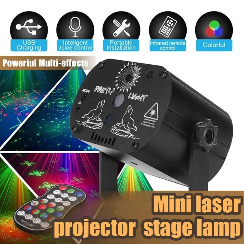 Proyektor Laser RGB Mini, lampu panggung LED disko DJ dapat diisi ulang USB suara UV strobo efek panggung pesta pernikahan Natal liburan