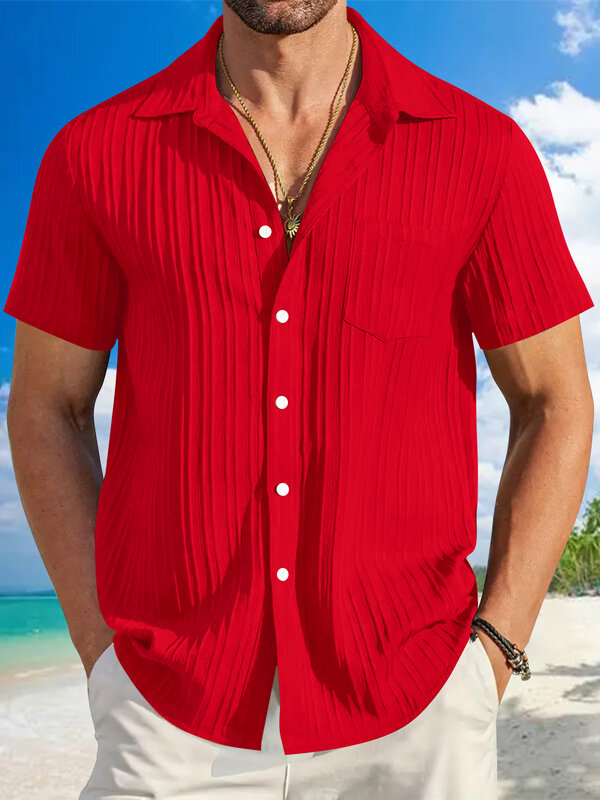 Camisa de manga corta para hombre, camisa informal ajustada con bolsillo a rayas, Color a juego, moda de verano, 2024