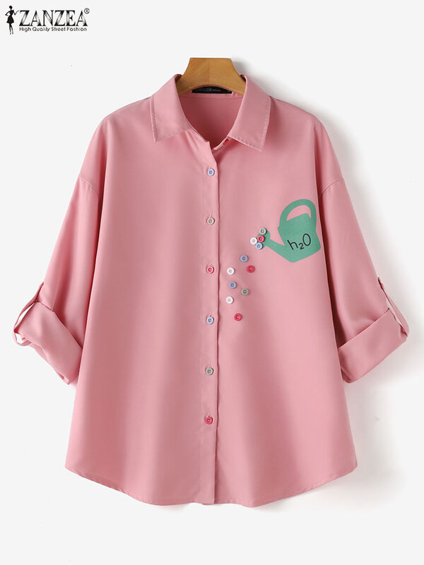 ZANZEA-blusa de manga comprida solta para mulheres, camisas com botões, lapela estampada, blusa elegante, moda casual, verão, 2024