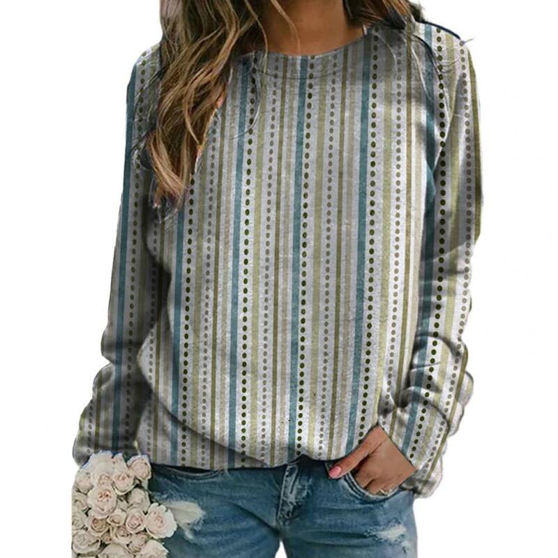 2023 jesienna bluza damska Vintage nadruk w kwiaty i paski okrągły dekolt w stylu etnicznym z długim rękawem luźny sweter Colorfast Lady Top