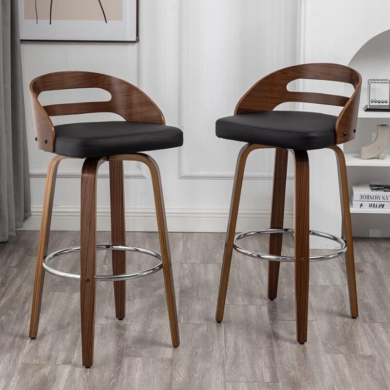 Bar Stools Set of 2, Swivel Bar Height Stools with Low Back, Wood Bar Chairs with Soft Cushion Seat, 24.6-Inch Seat Height