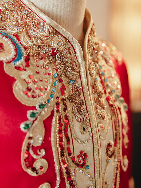 Vestido de novia chino Vintage para hombre, traje Tang bordado con cuentas de alta calidad, ropa tradicional para novio