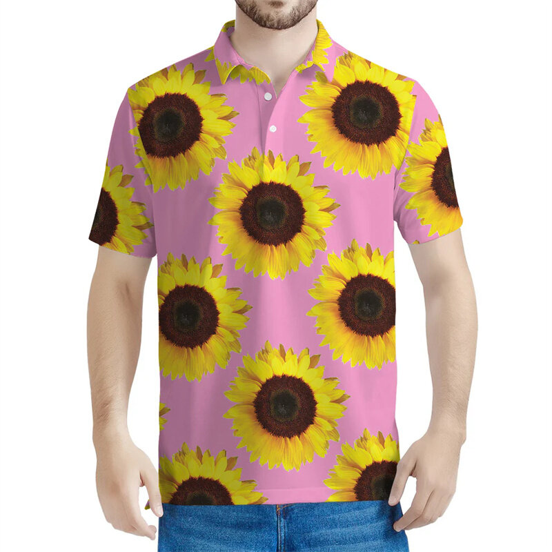 Camisa polo gráfico girassol colorido para homens e mulheres, lapela floral impressa em 3D, mangas curtas, camiseta rua verão, camiseta com botão