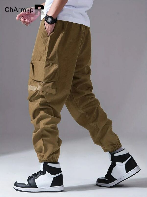 Charmkpr Calça comprida casual masculina, bolso lateral sólido, calça de cintura com cordão, calça sweatpant streetwear, roupa de verão