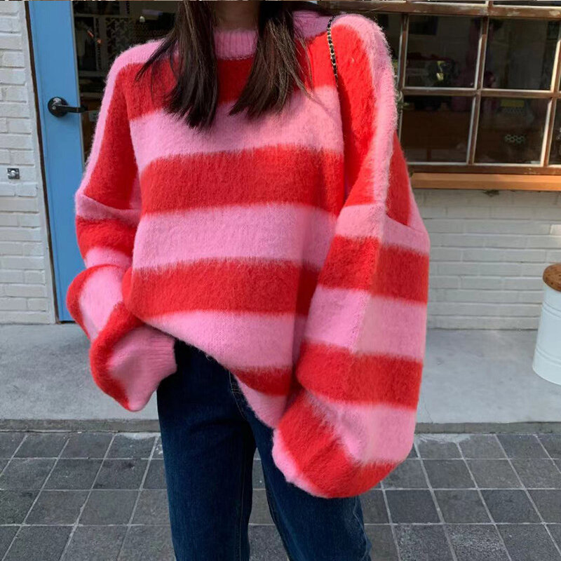 Pakaian Wanita Sweter Rajut Bergaris Korea Leher Bulat Lengan Panjang Mode Kasual Antik Atasan Wanita Longgar Musim Gugur