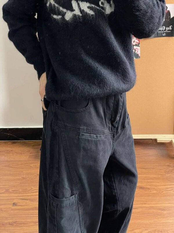 Женские винтажные брюки-карго QWEEK Y2k, готические черные уличные прямые широкие джинсы с высокой талией, повседневные брюки оверсайз в стиле пэчворк